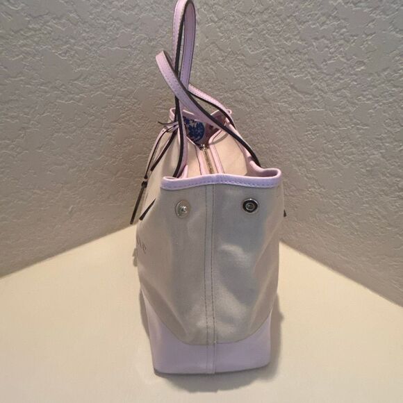 Kate Spade Leather Trim Canvas Tote Bag Natural Pink Logo Preppy Barbiecore - Picture 5 of 16